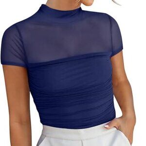 Navy Blue Mesh Mock Neck Short Sleeve Top